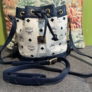 MCM White Coated Canvas & Navy Leather Drawstring Bucket Crossbody